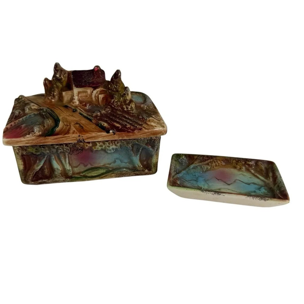 Vtg 50's Hand Paint Porcelain 3-D Trinket Jewelry Box Tray Japan Tree House Lake